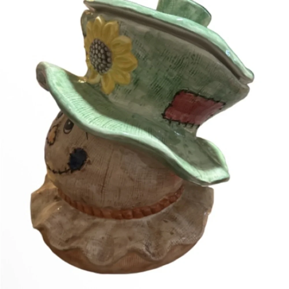 Autumns Bounty Charming Scarecrow Ceramic Accent with Green Hat